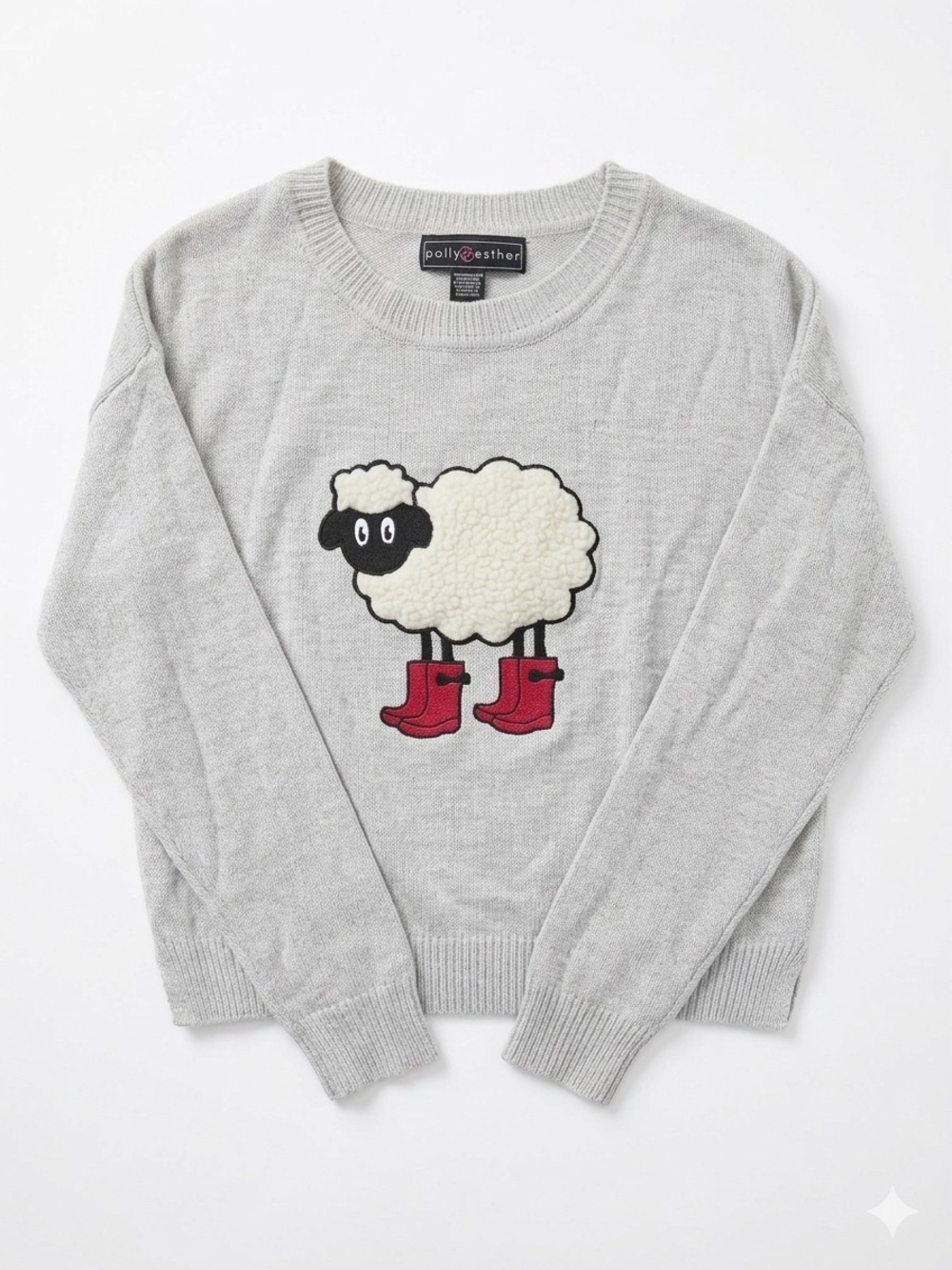 Polly & Esther Light Gray Crewneck Sweater with Sheep Graphic and Red Boots